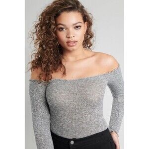 New Garage Women's M Off the Shoulder Bodysuit Long Sleeve Salt & Pepper Gray